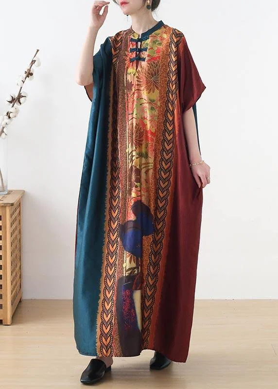 Organic Blue Red Print Oriental Summer Chiffon Dress