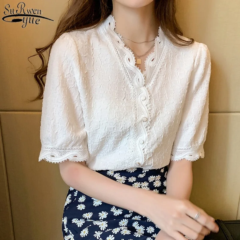 Vintage Lace with Button Lady's Top Short Sleeve Summer New Puff Sleeve White V-Collar Chiffon Blouse Slim Cardigan Shirts 10051