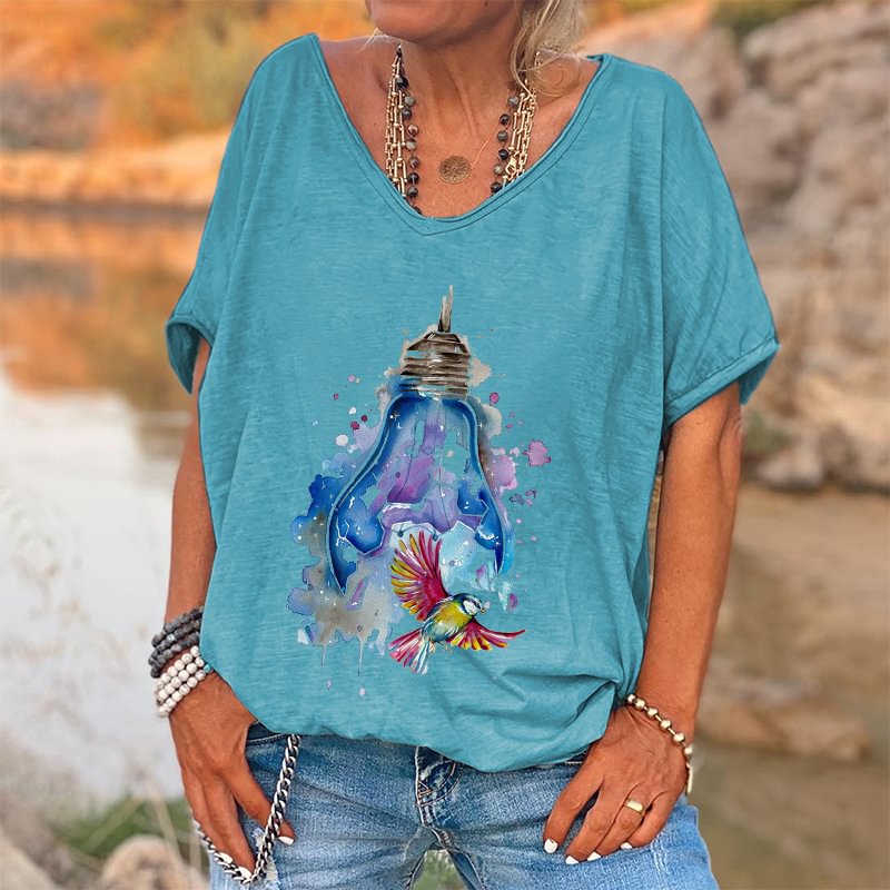 Broken Light Bulb And Bird Printed Women's T-shirt