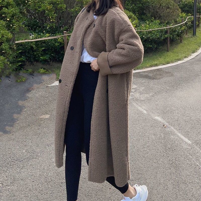 Aiertu cold weather outfits Chubby Girl plus Size Autumn and Winter Lamb Plush Loose Thickened Double-Breasted Mid-Length Overcoat Coat for Women aiertu