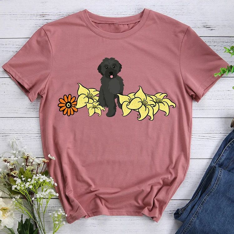 ANB - Doodle dog with yellow and orange flowers  T-shirt Tee -06863