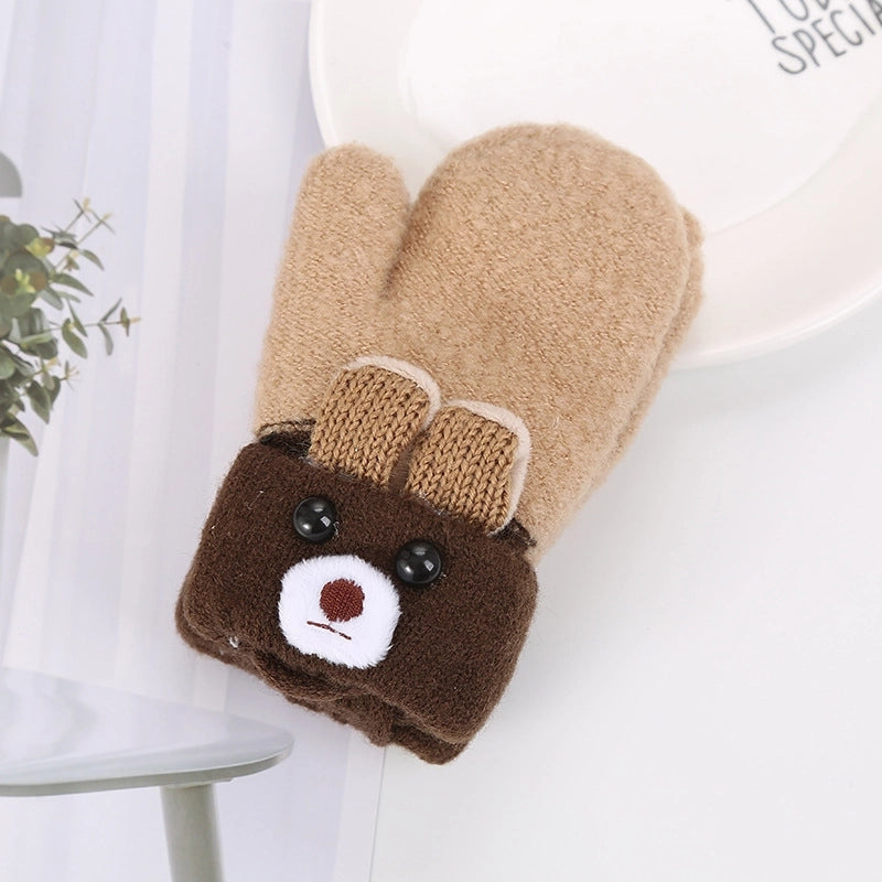 0-3 Years Old Cute Ears Bear Cartoon Children’s Gloves Winter Knitted Wool Double Plus Velvet Padded Warm