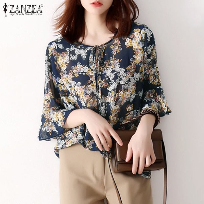 Women Chiffon Blouse ZANZEA 2022 Summer Lace Up Print Tunic Casual Middle Floral Sleeve O-neck Top Lady Blusa Femme 7