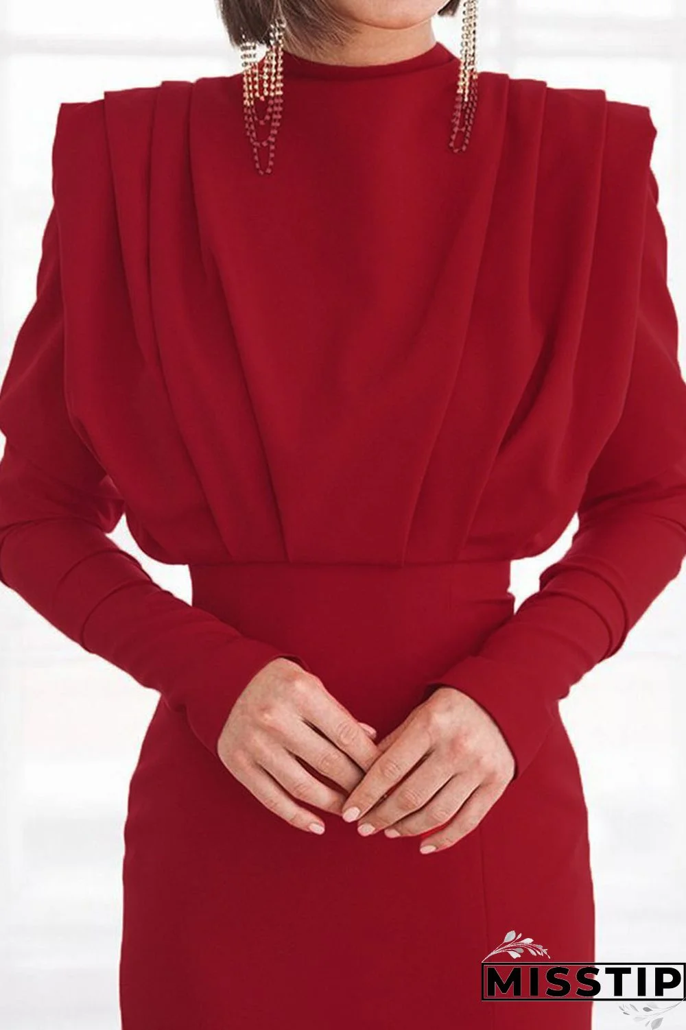 Black Elegant Solid Patchwork Backless Slit Fold O Neck Straight Dresses