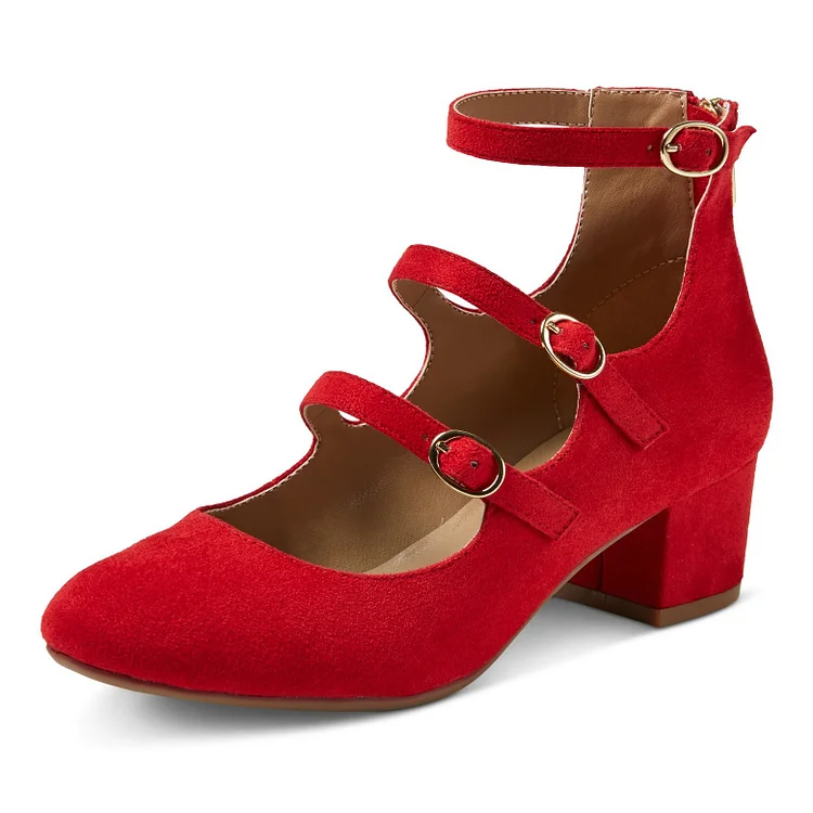 Red Round Toe Block Heels Buckles Mary Jane Pumps |FSJ Shoes