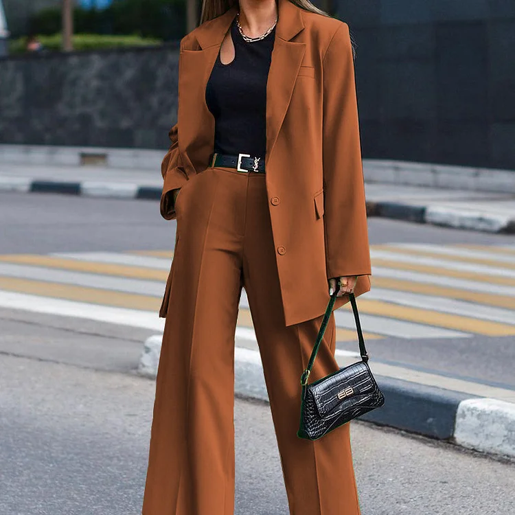 Solid Color Long-sleeved  Casual Pants Suit Two-piece Suit