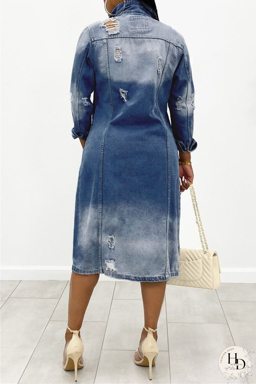 Deep Blue Casual Solid Ripped Patchwork Turndown Collar Long Sleeve Regular Denim Jacket