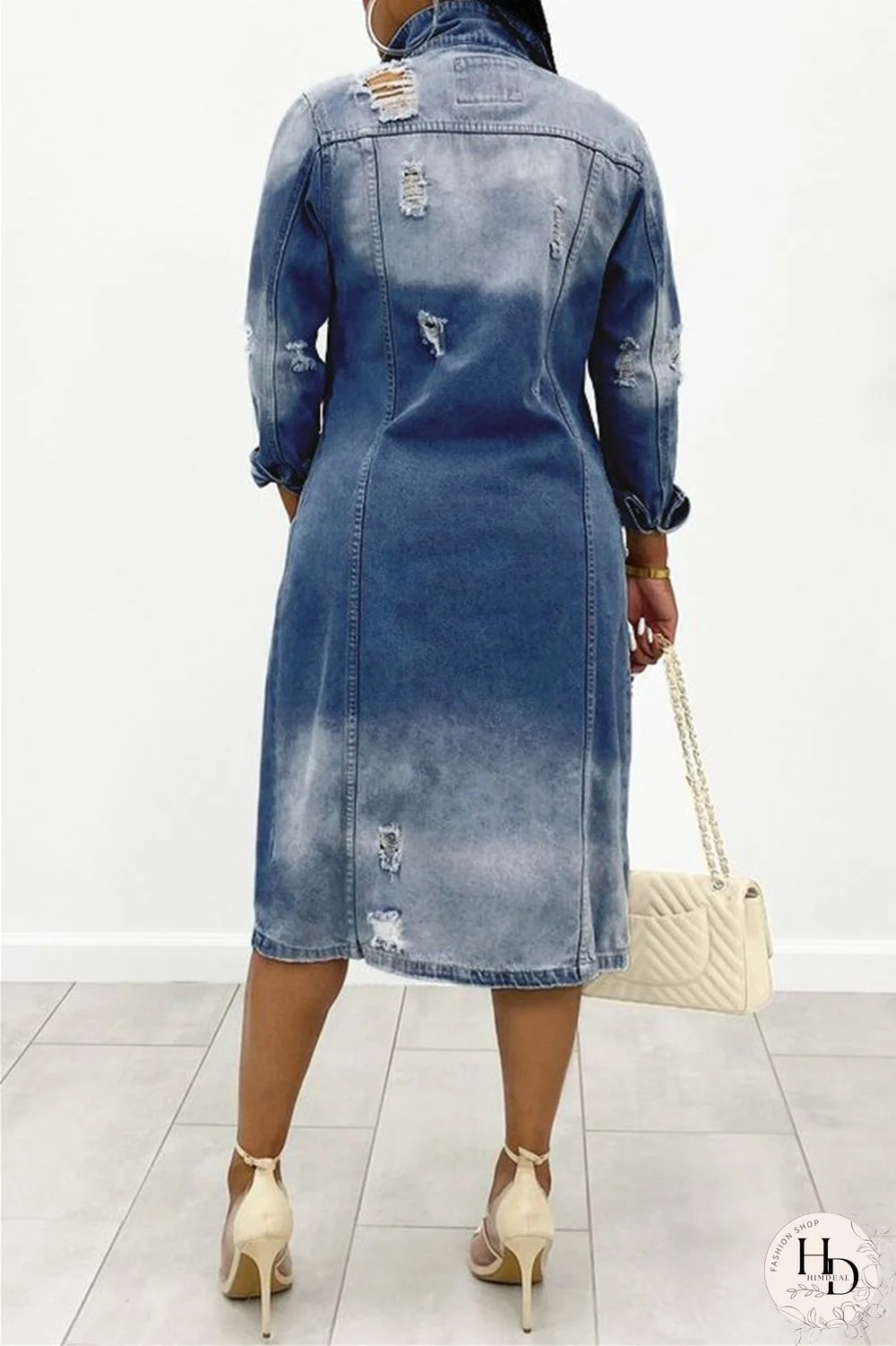 Deep Blue Casual Solid Ripped Patchwork Turndown Collar Long Sleeve Regular Denim Jacket