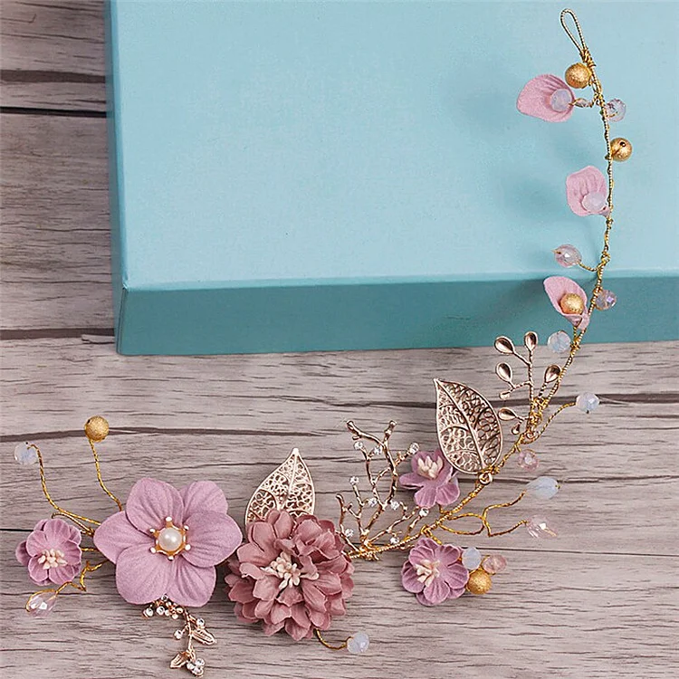 Metadun Long Hair Jewelry Pink Flower Headband Wedding Hair Ornaments Headband Bride Headdress Handmade Bridal Wedding Hair Decoration