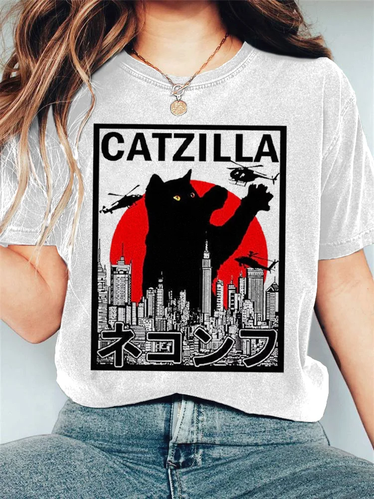 VChics Japanese Art Catzilla Print Casual Cotton T-Shirt