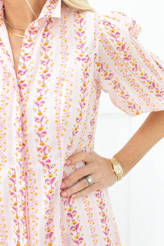 Pink short puff sleeve floral shirt dress