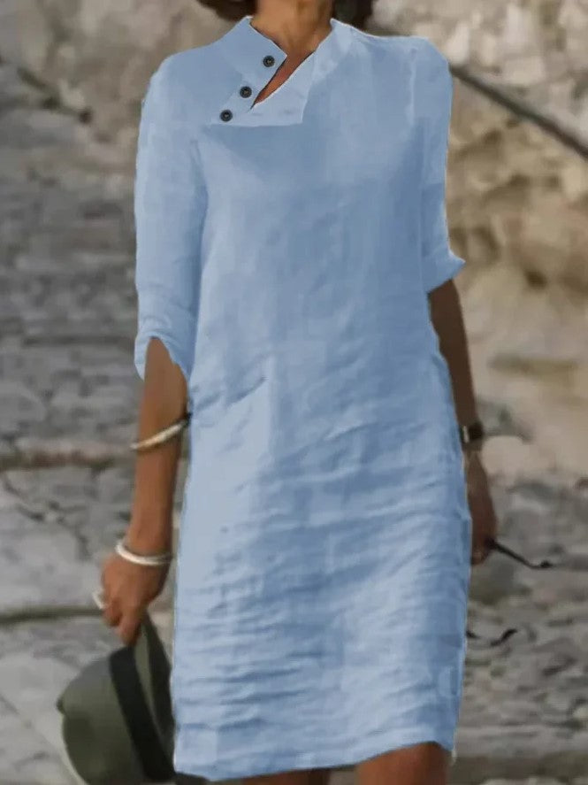 Cotton & Linen Women Plain Button Detail Casual Dress