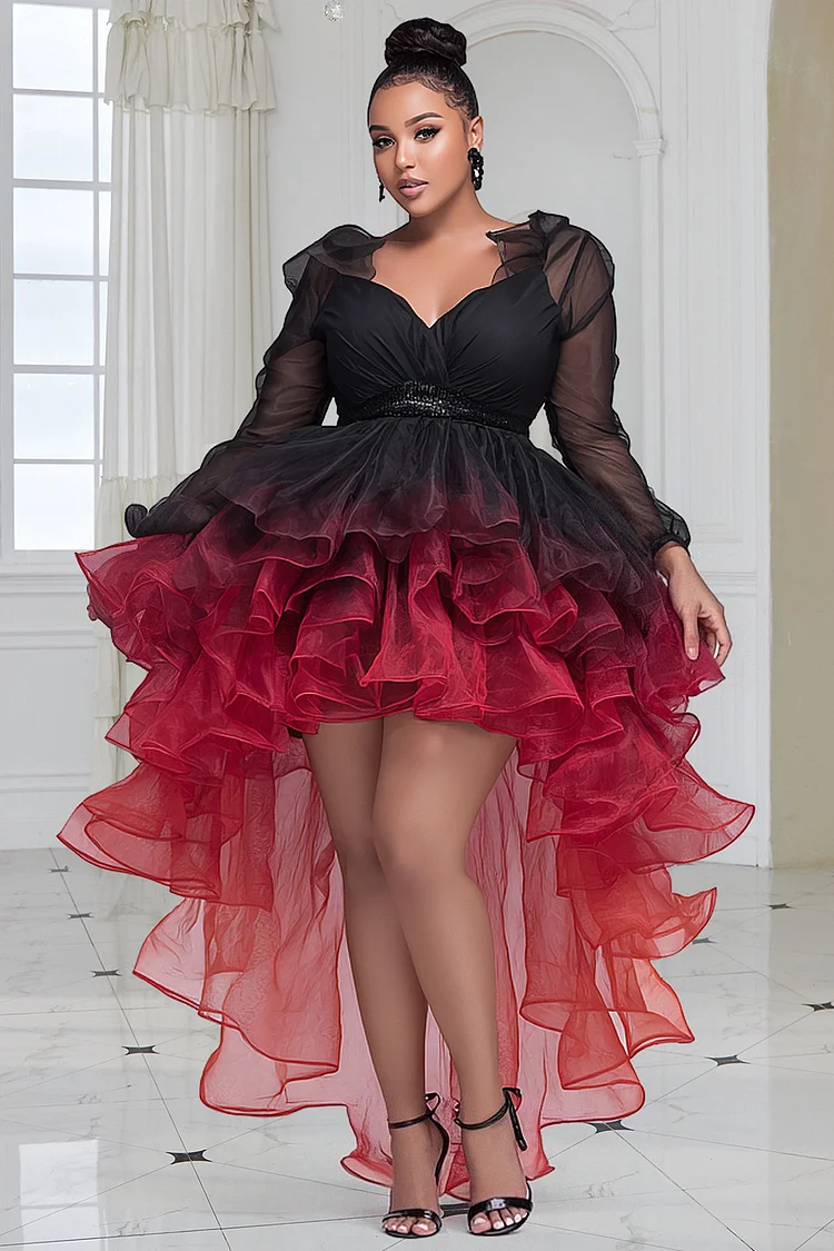 Xpluswear Design Plus Size Party Black Gradient V Neck Long Sleeve High Low Hem Elegant Ruffle Tulle Mini Dresses [Pre-Order]