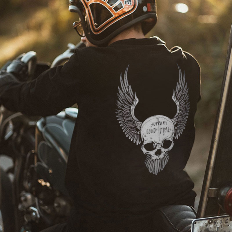 SUPPORT GOOD TIMES Skull with Wings Graphic Black Print Sweatshirt
