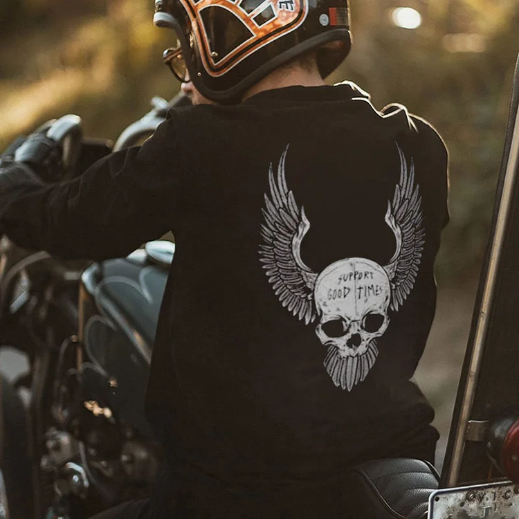 SUPPORT GOOD TIMES Skull with Wings Graphic Black Print Sweatshirt