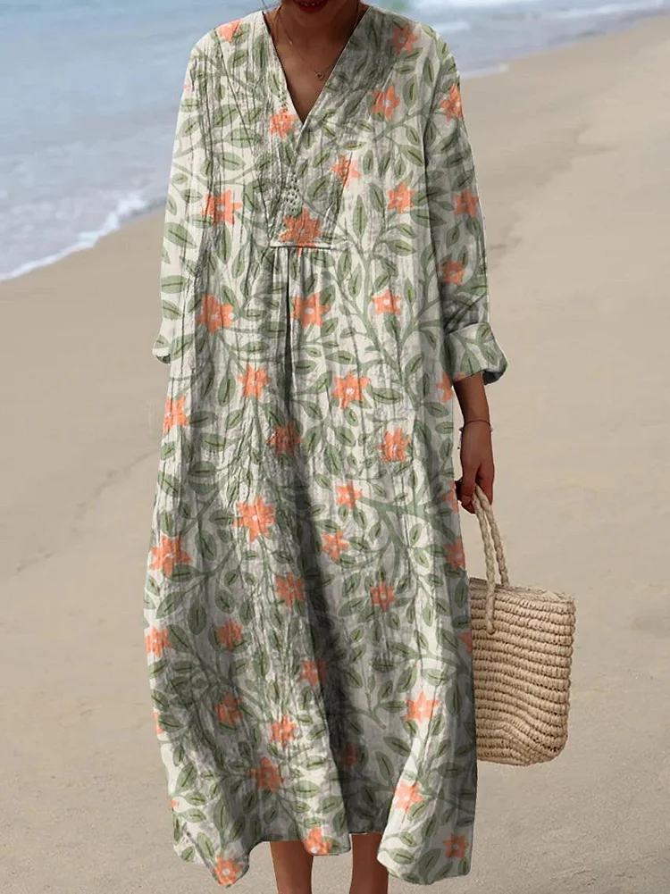Women's Vintage Lovely Floral Art Print Flowy Dress