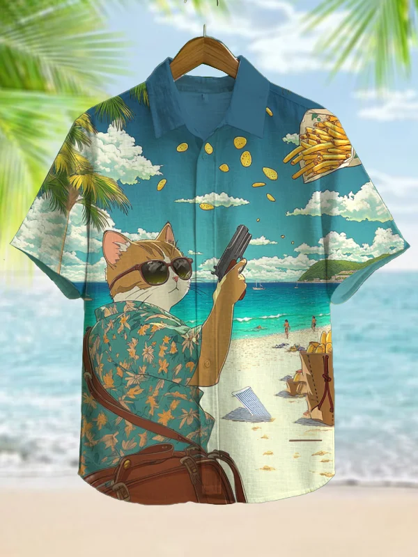 Men's The Cat Shot Chips With A Gun Print Short Sleeve Shirt