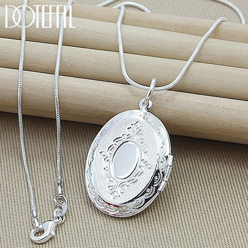 DOTEFFIL 925 Sterling Silver Oval Round Photo Frame Pendant Necklace 18/20-28/30 Inch Snake Chain For Woman Man Jewelry