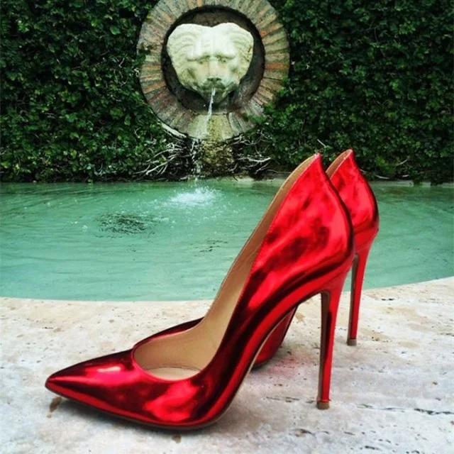 FSJ Red Metallic Pointed Toe Stiletto Heels Pumps Shoes for Women |FSJ Shoes