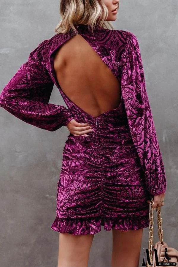 MidiSono - Velvet Burnt Flower Ruffled Irregular Dress