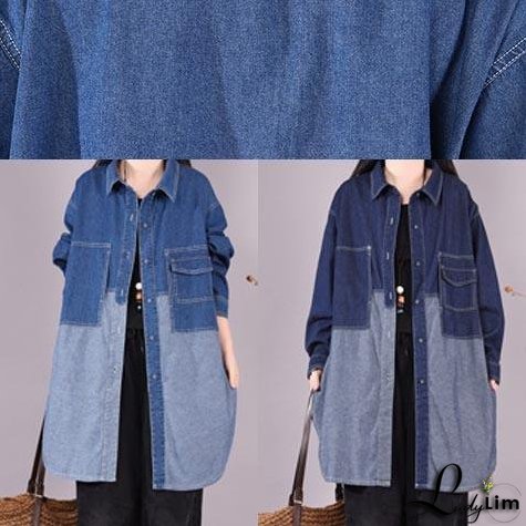 Classy Lapel Patchwork Crane Tops Sleeve Denim Dark Blue Blouses