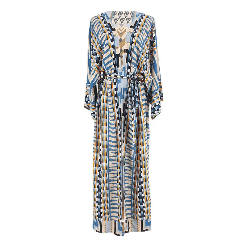 Brownm Brownm Green Geometric Cardigan Loose Plus Size Beach Sunscreen Coat Bikini Smock Swimsuit Outside A Woman