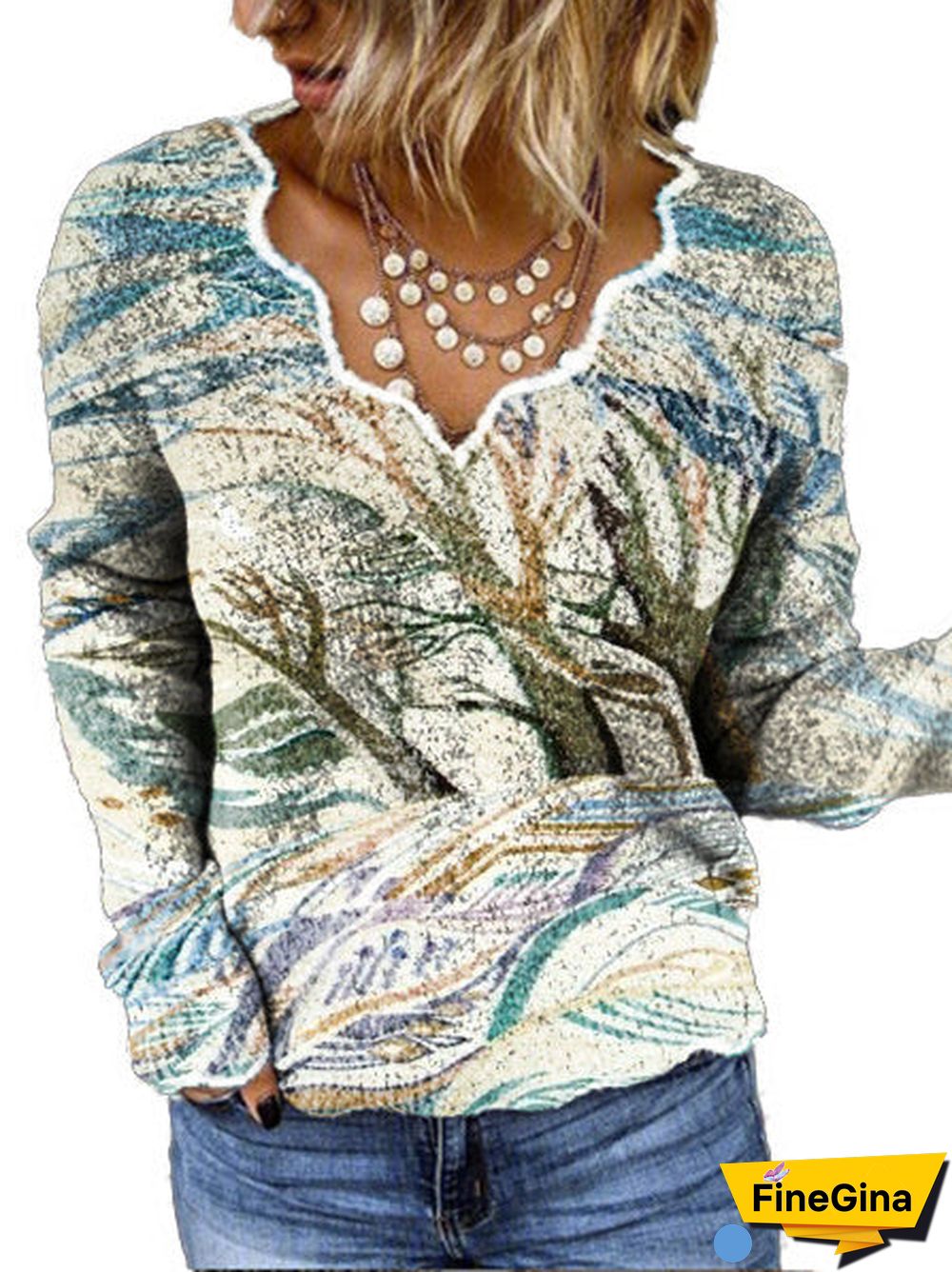 Women's Graphic Printed Long Sleeve V-neck Top
