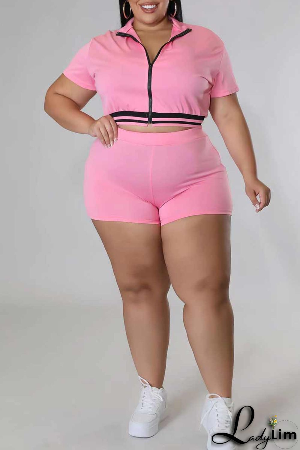 Black Casual Solid Patchwork Zipper Plus Size Two Pieces