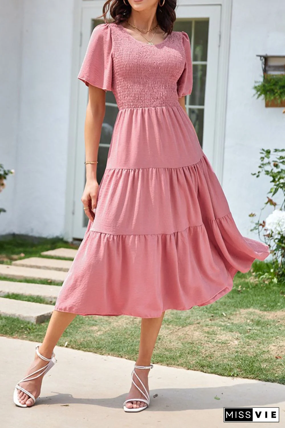 V Neck Smocked Tiered Short Sleeves Dress