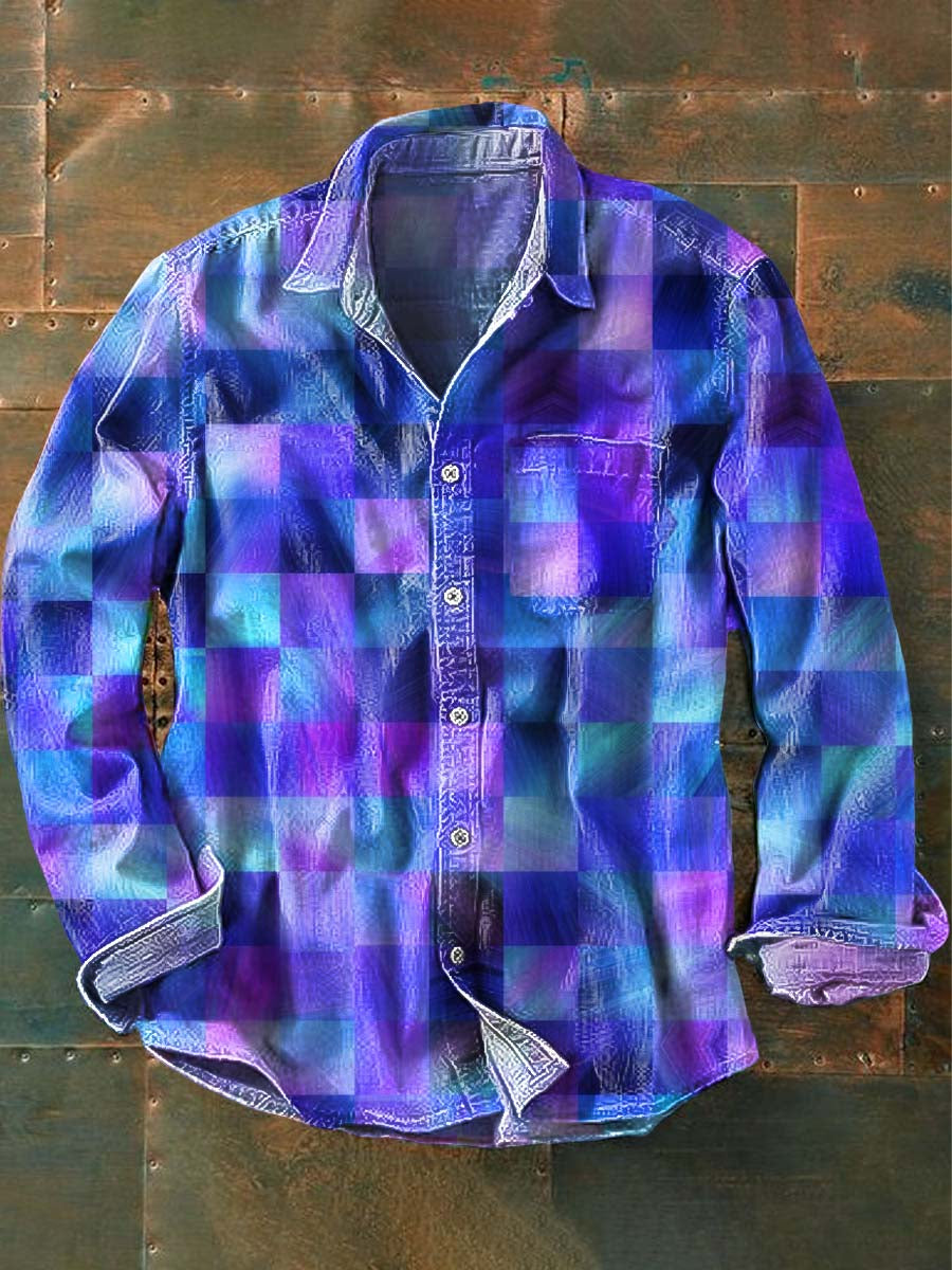 Men's Gradient Mosaic Print Casual Long Sleeve Shirt