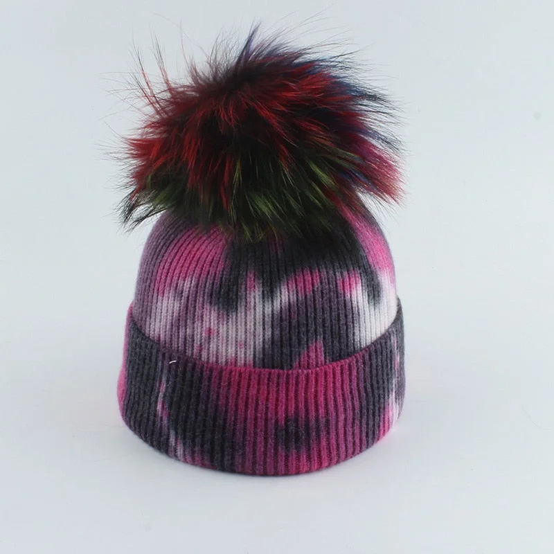 2021 New Fashion Winter Thicken Knitted Hats Warm Real Racoon Fur Pompom Unisex Beanie Tie-dyed Cap Adults Head Cover