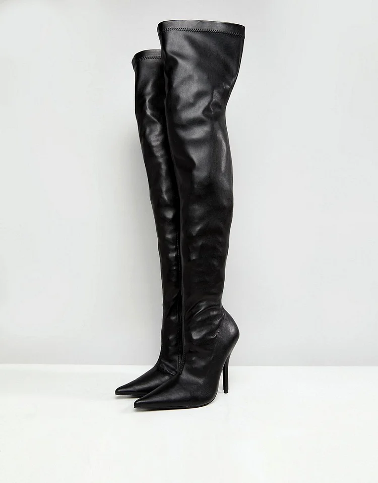 Black Vegan Leather Thigh High Pointy Toe Heel Boots Vdcoo