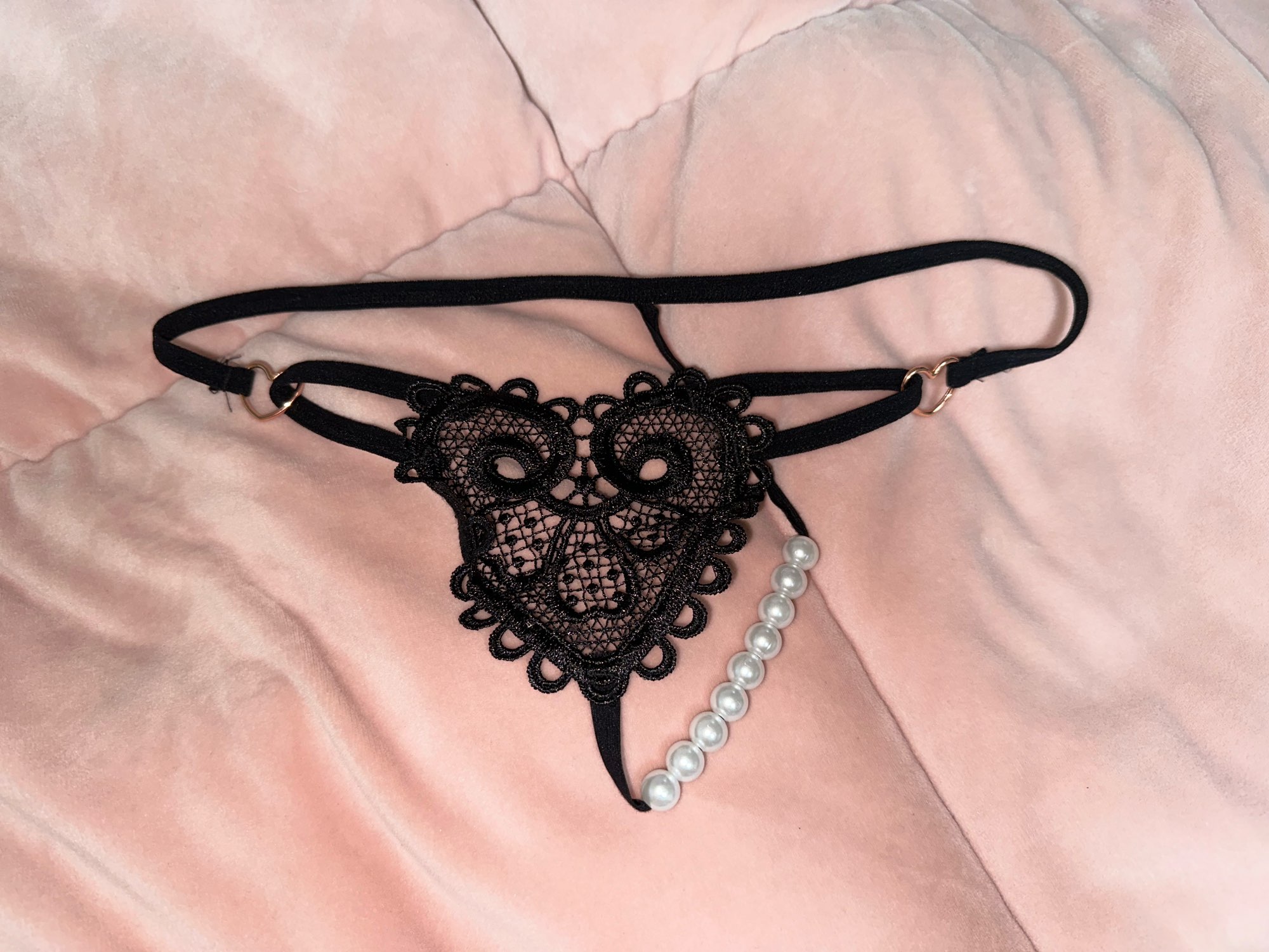 Vintage Love Heart Pearl Massuge Lace Thong Low Waist Transparent Sexy Underwear G-String Fashion Women Lingerie Panties Briefs photo