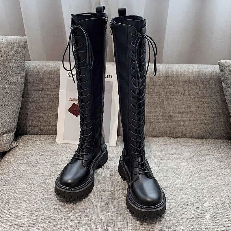 New Hot Women's Combat Boots Black Leather Boots Lace-up Women's Knee-length High Boots Antumn Women's High Heel Gothic Shoes