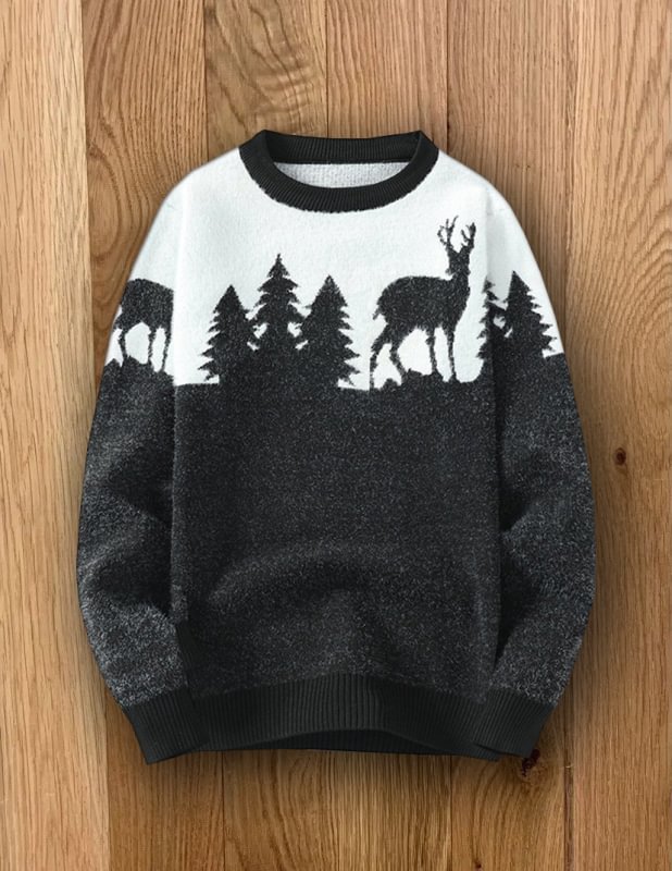 Men's Sweater Christmas Knit Sweater Fawn Print Sweater Top