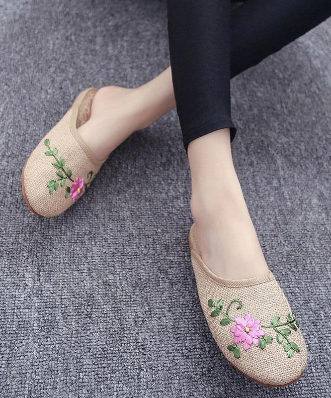 Women Khaki Embroideried Linen Fabric Slippers Shoes