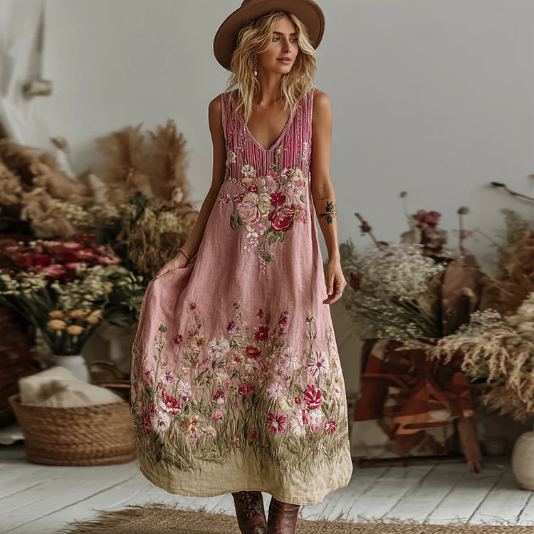 Love & Health Collection Retro Western Women Style Vintage Pink Striped And Floral Patchwork Art V Neck Linen Maxi Dress