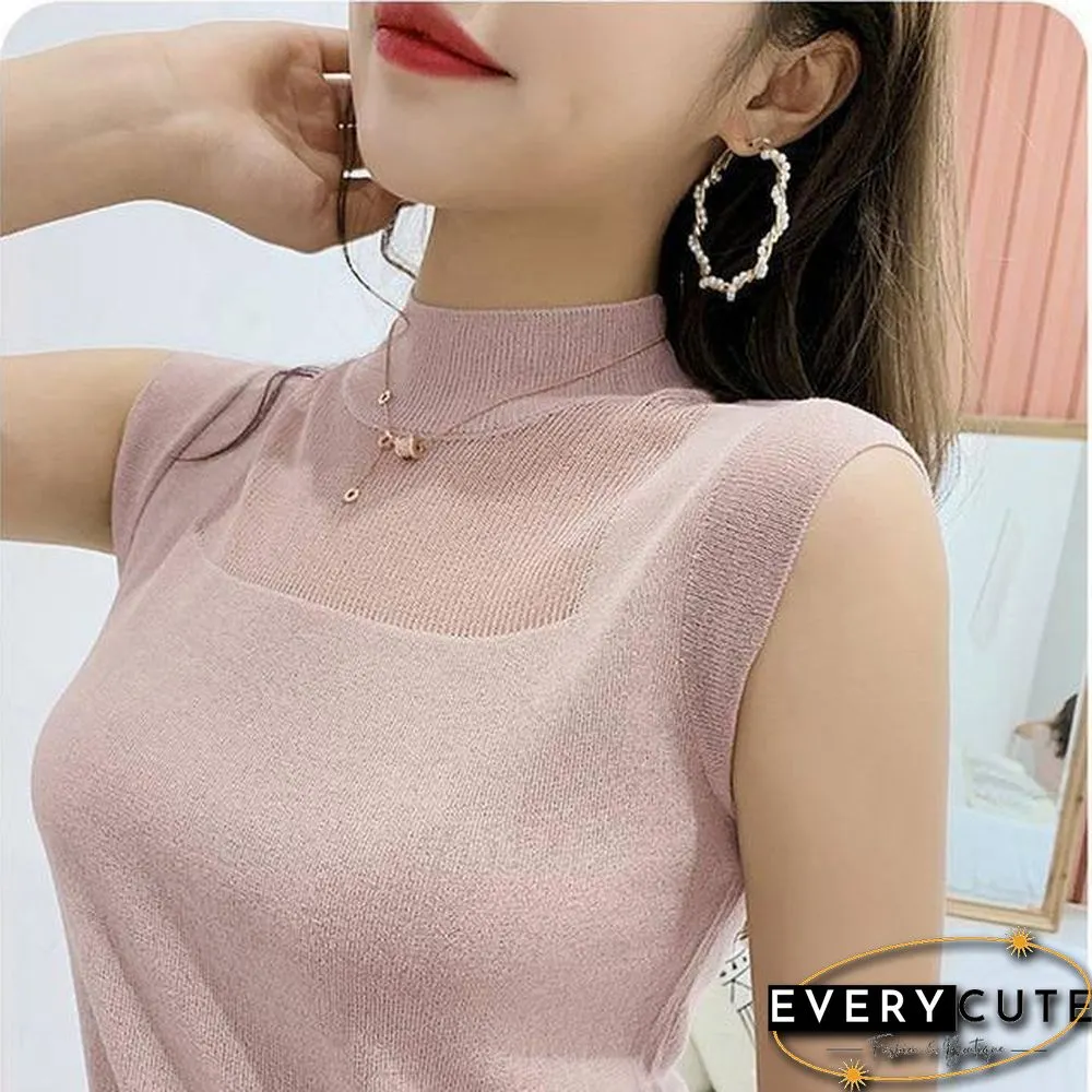 Half High Collar Sexy Tank Tops Women Sleeveless Knitted Vest Female Elasticity Solid Slim