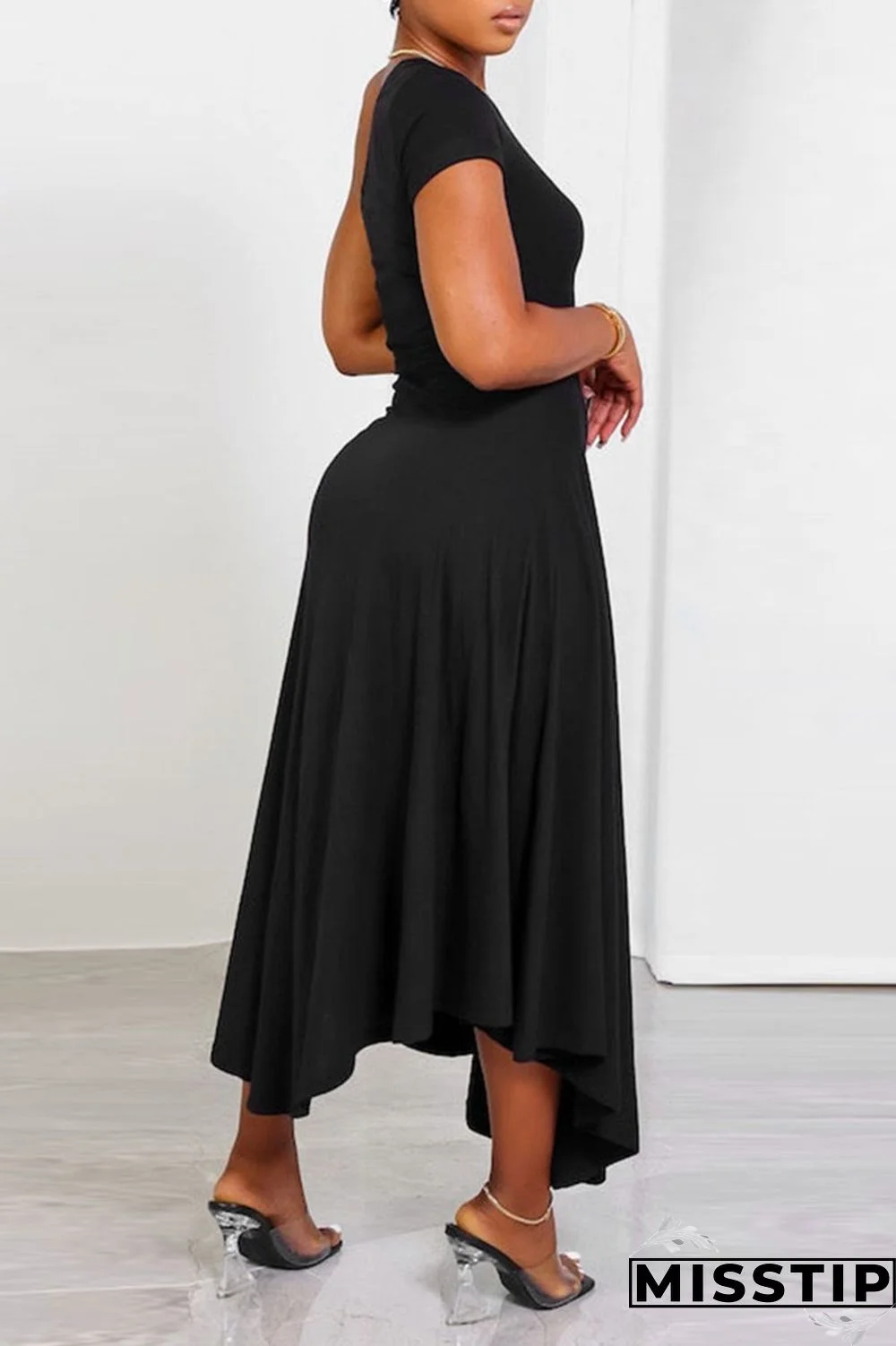 Khaki Casual Solid Patchwork Oblique Collar A Line Dresses