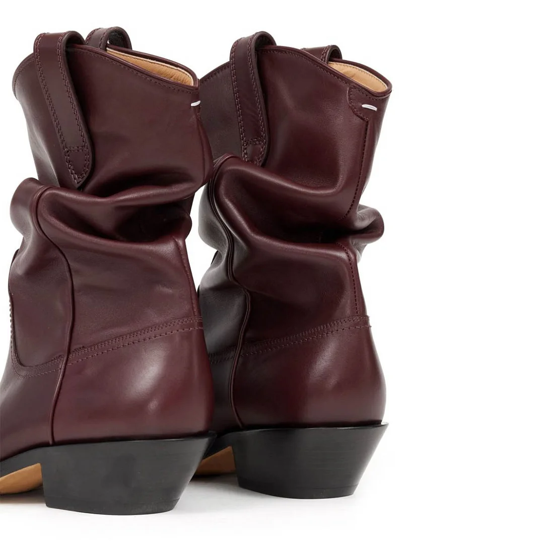 Dark Brown Almond Toe Side Loops Block Heel Silhouette Booties