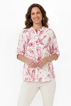Front view of women's white and pink floral leaf print linen shirt with button front and 3/4 sleeves