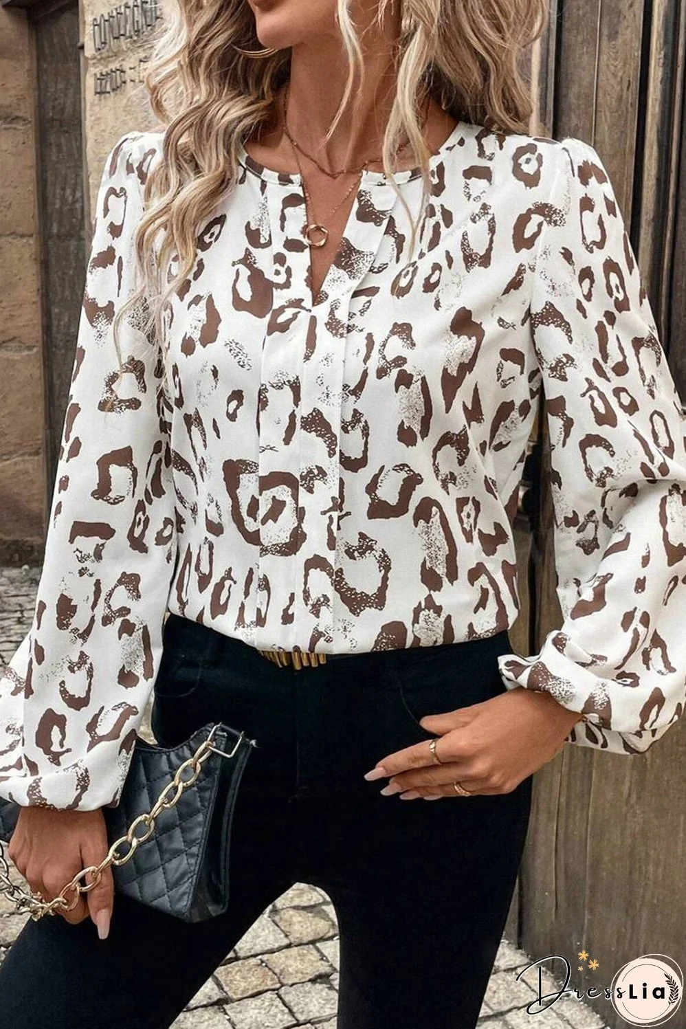 Khaki Leopard Print Split Neck Balloon Sleeve Blouse