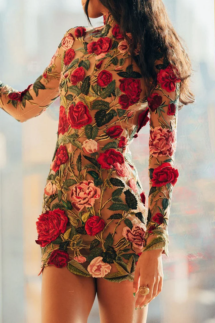 Sexy Elegant Embroidery Patchwork Half A Turtleneck Wrapped Dress