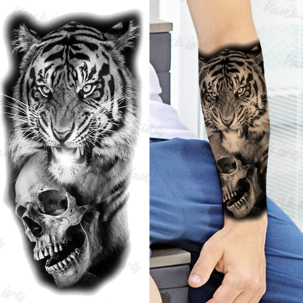 Sdrawing Lion Knight Temporary Tattoos For Men Adults Realistic Tiger Skeleton Fake Tattoo Sticker Arm Water Transfer Tatoos 3D