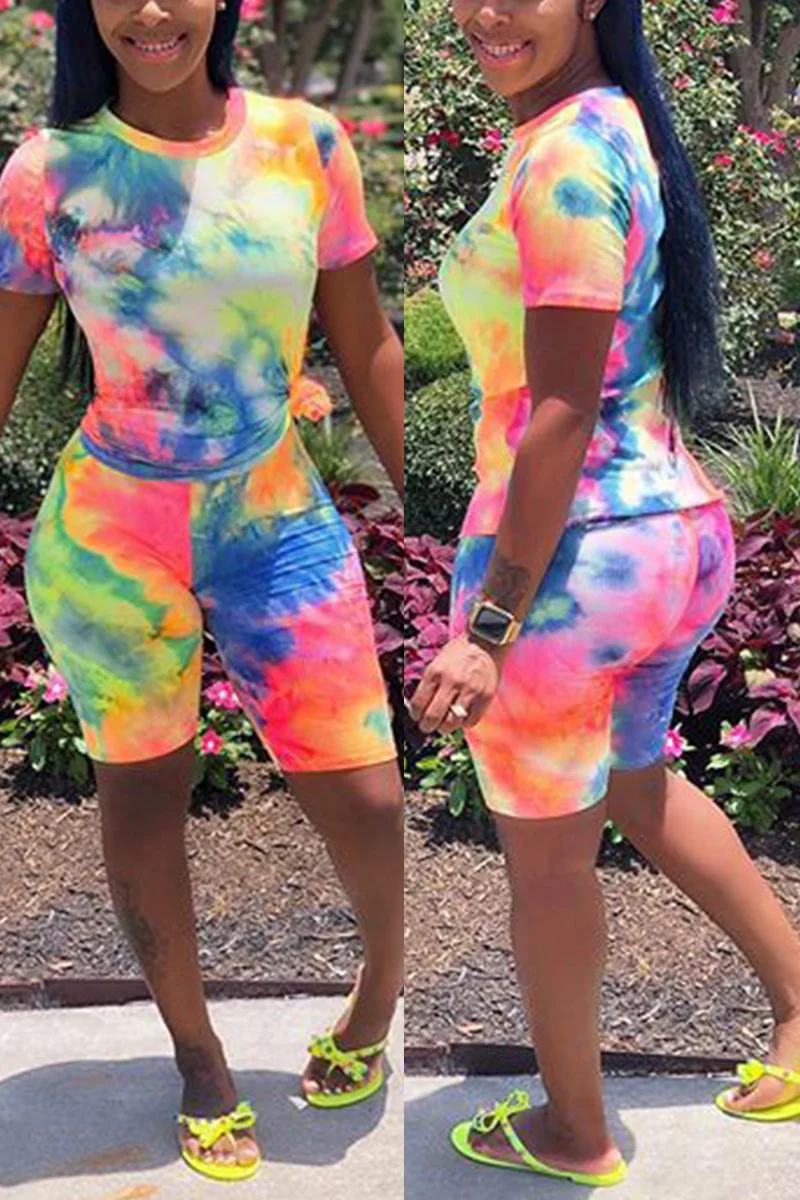 Pink Fashion Casual adult Ma'am Print Tie Dye Two Piece Suits Straight Short Sleeve Two Pieces | EGEMISS