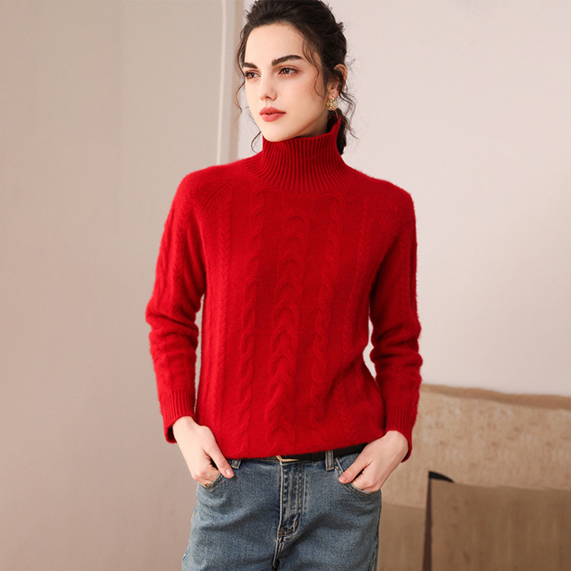 Pull en cachemire à motif torsadé à col roulé- SOIE PLUS