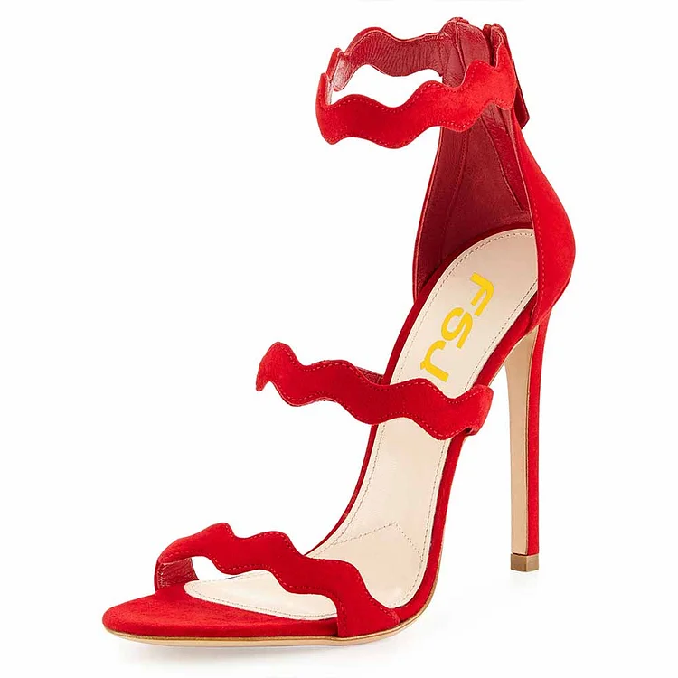 FSJ Red Stiletto Heels Open Toe Three-Strap Vegan Suede Sandals |FSJ Shoes