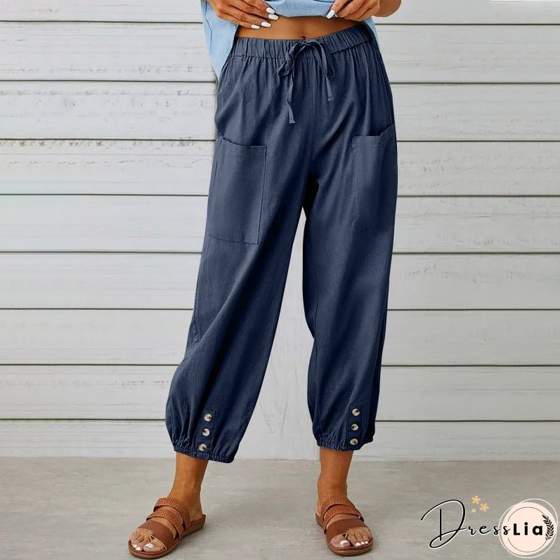 Women's High Waist Button Cotton Linen Trousers Pants