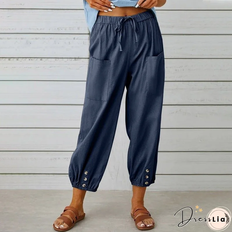 Women's High Waist Button Cotton Linen Trousers Pants