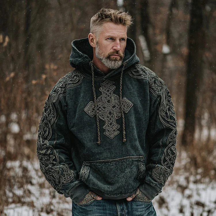 Men's Vintage Celtic Cross Jacquard Cozy Distressed Hoodie